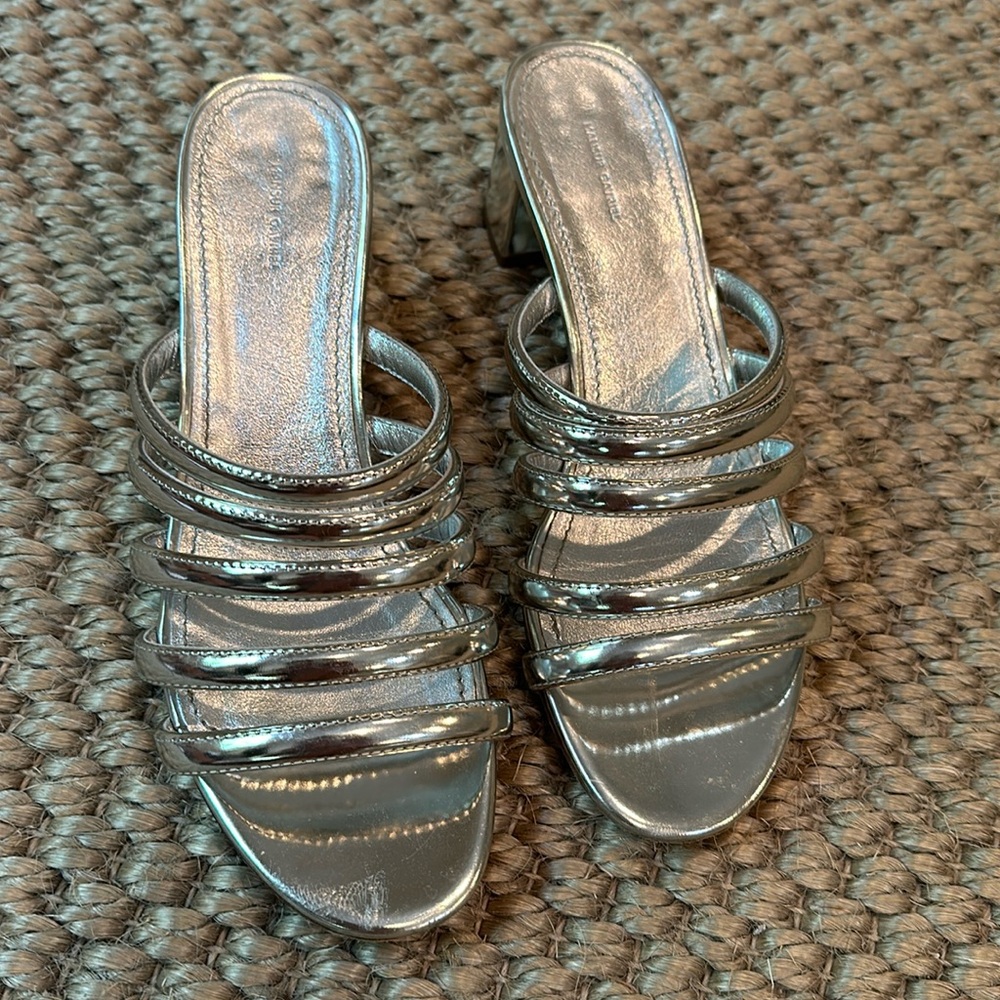 Mansur Gavriel Mirrored silver metallic block heel sandal